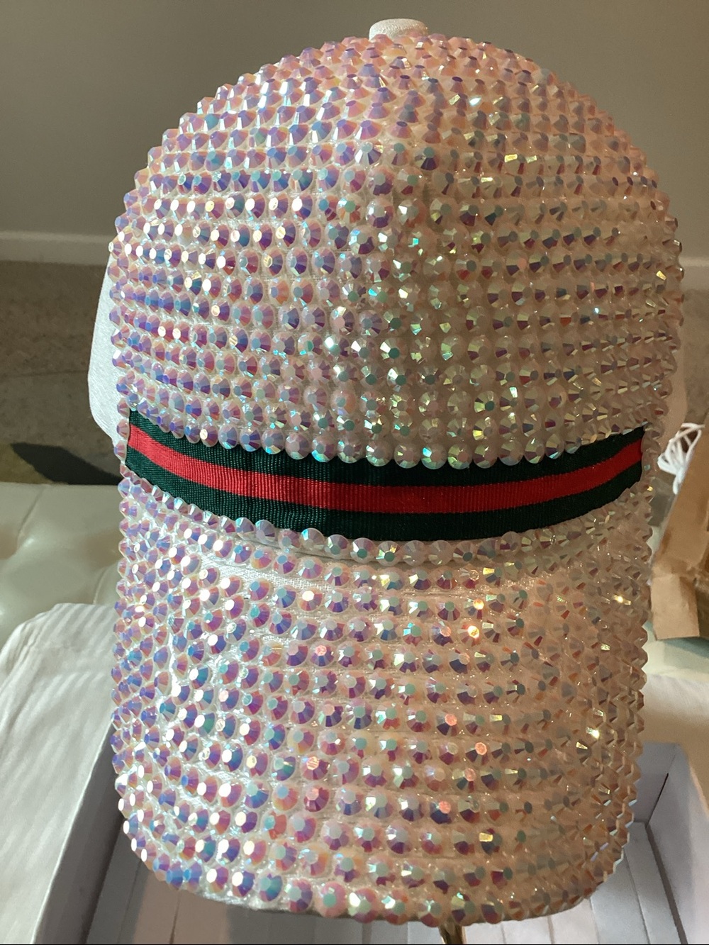 Sparkle Womens White Rhinestone Cap with Red-Green Accent
